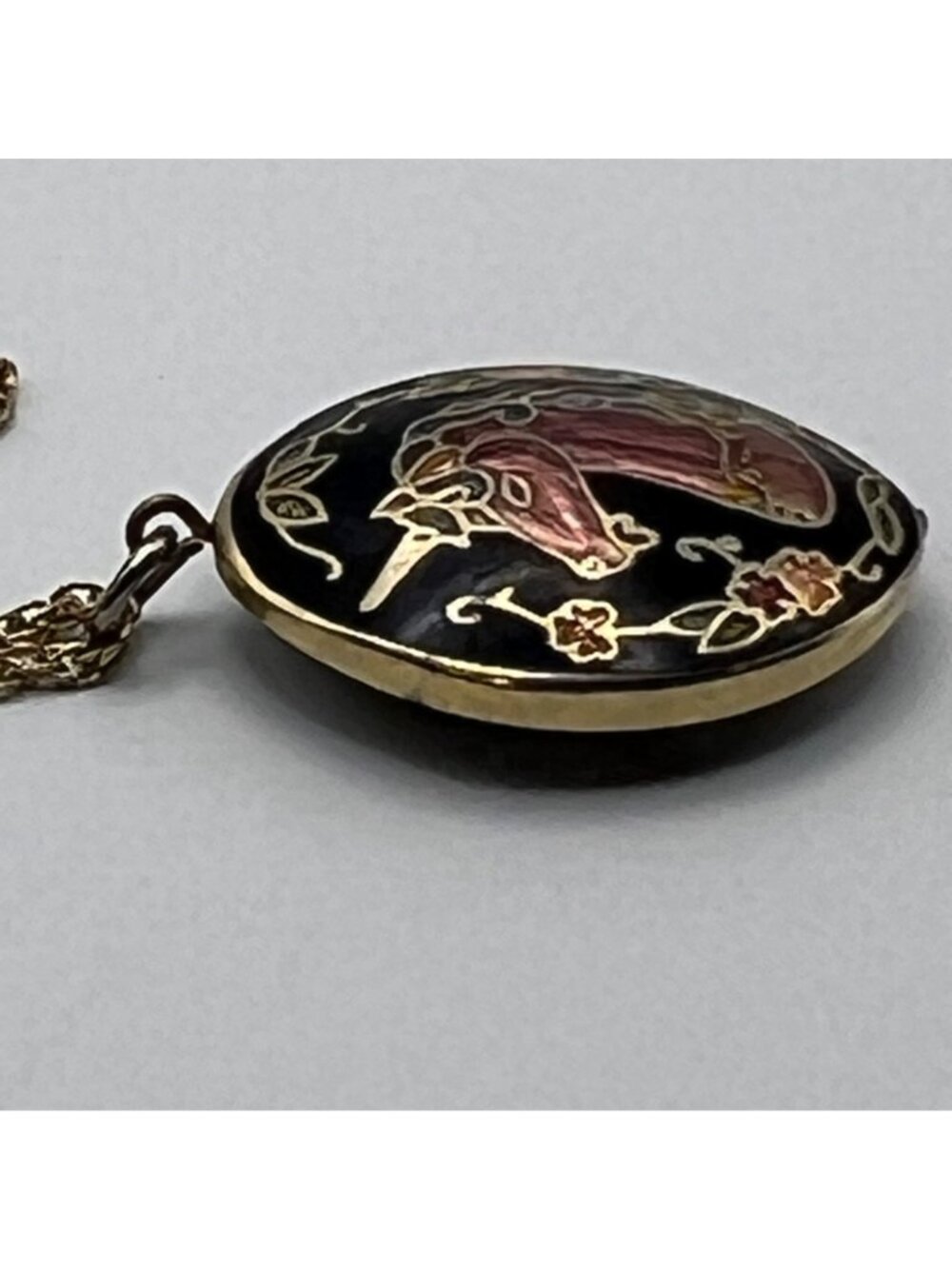 Vintage Unicorn Pendant Necklace Gold-Tone Cloisonne Black Double Sided Oval 23" - Picture 9 of 10